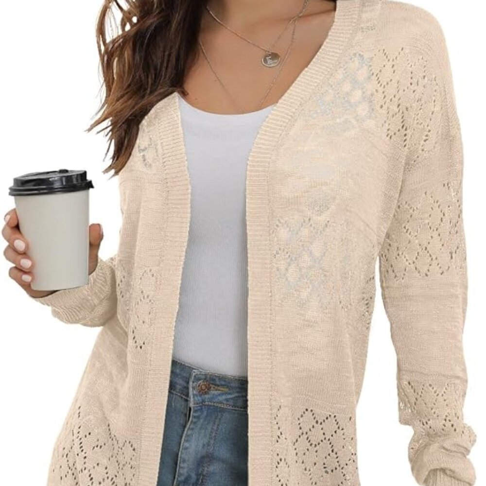 Women's Lightweight Crochet Long Sleeve Loose Casual Open Front Cardigan NWOT